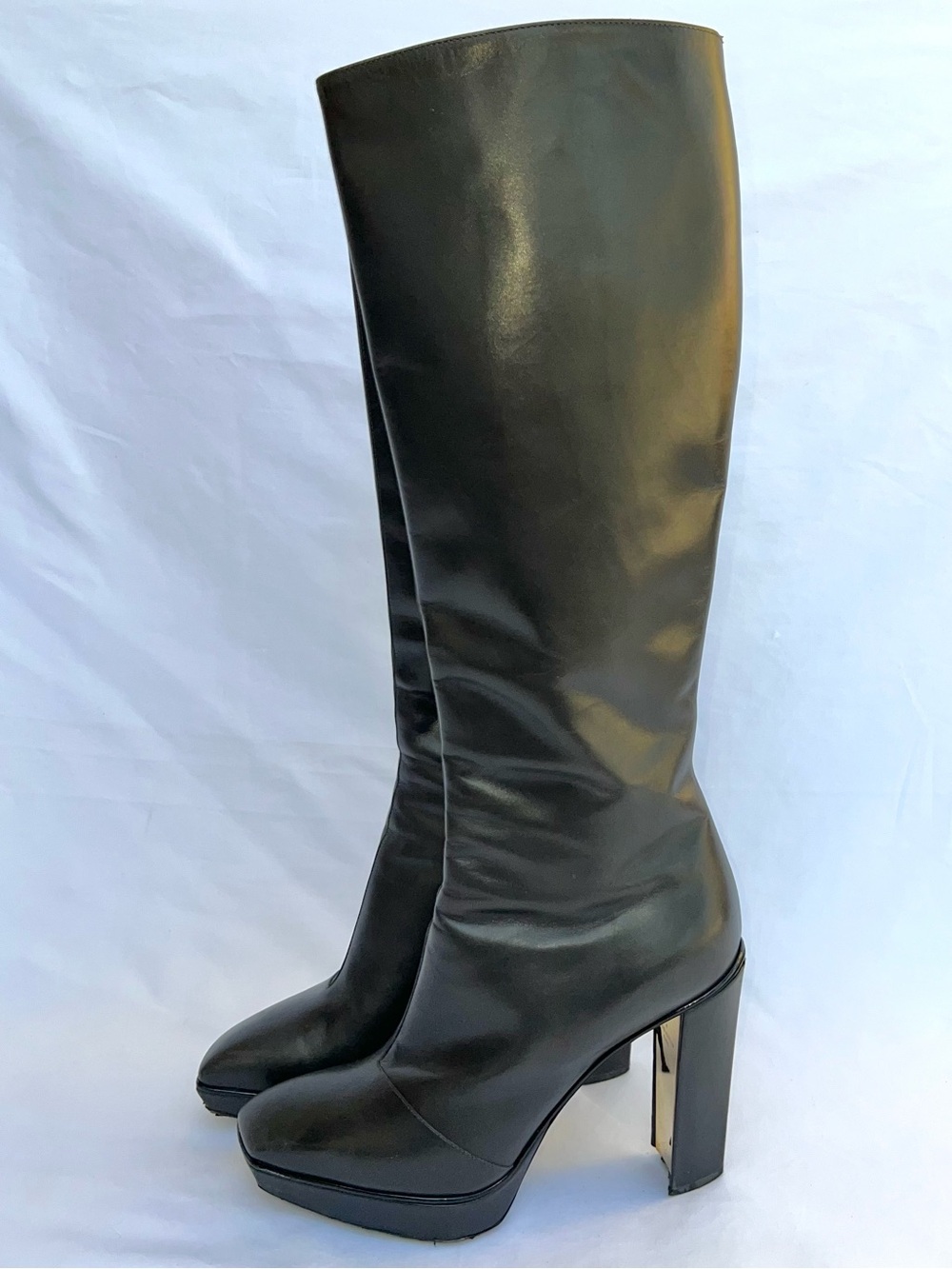 Louis Vuitton Black Leather Knee High Block Heel Boots Size 38